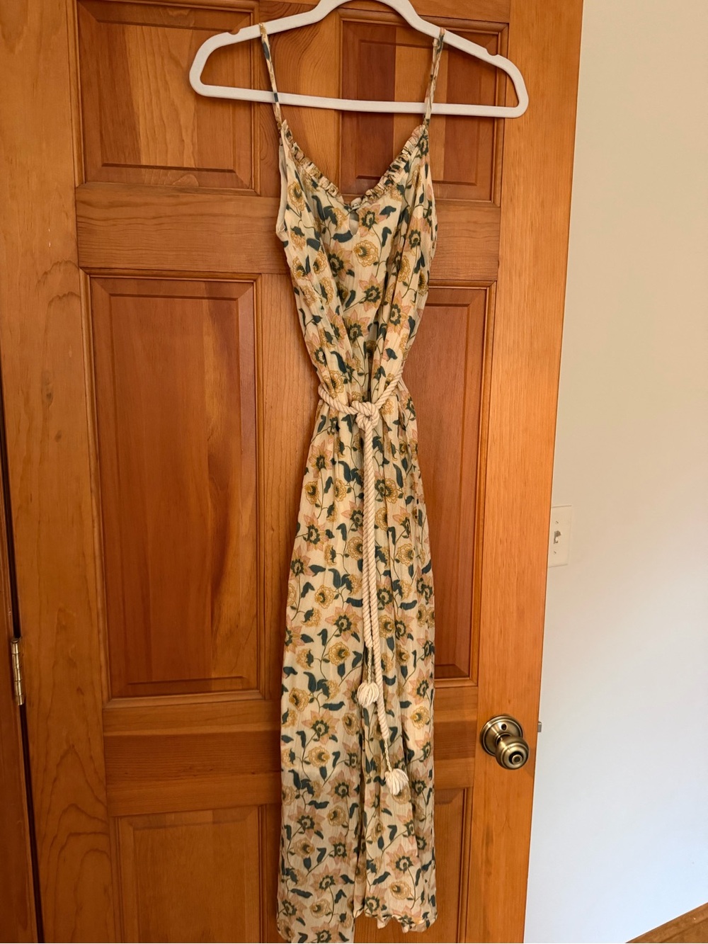 Louise Misha Floral Cream and Green Sleeveless Maxi Dress with Tie Waist